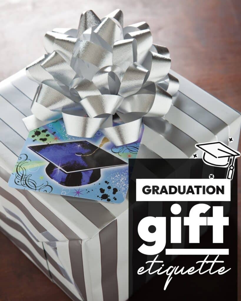 Wrapped present with silver bow with Graduation Gift Etiquette text overlay.