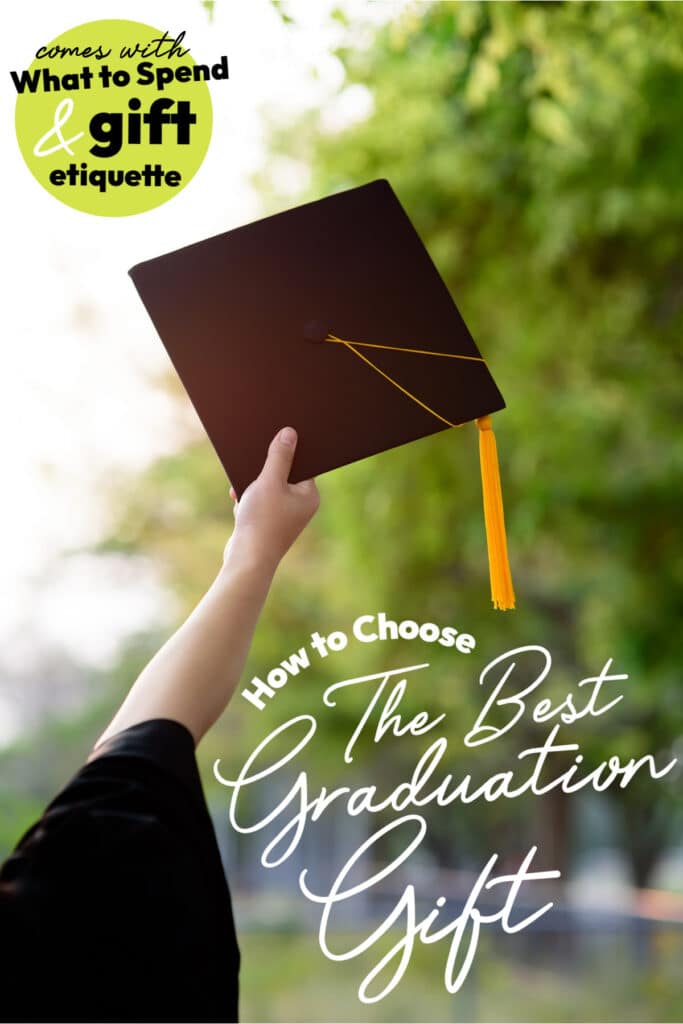 Graduate holding cap in the air with Graduation Gift Etiquette text overlay.