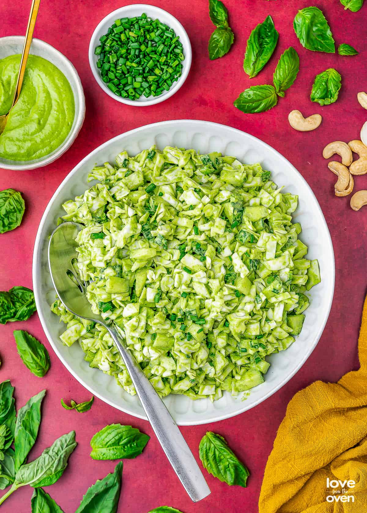 A green chopped salad with green goddess dressing.