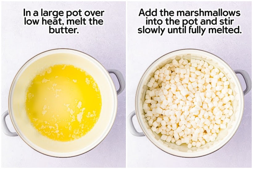 Step 1 photo collage with butter in a pot and melted marshmallows.