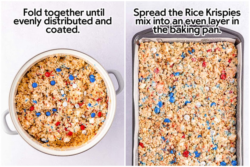 Step 3 collage image - everything mixed together in one image and the other image the mixture is spread on a baking sheet.