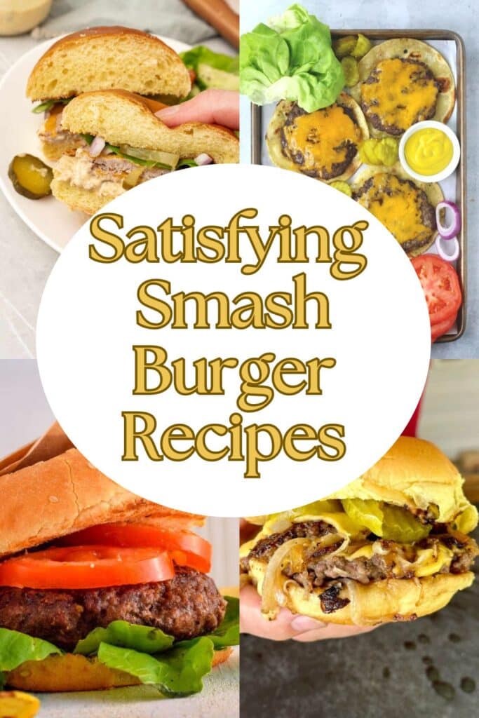 Four photo collage of smashed burgers with text overlay.