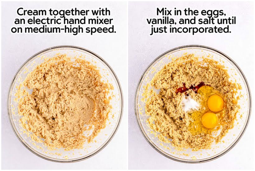 Two photo collage of creamed sugars and butter and adding eggs and vanilla to mixture.