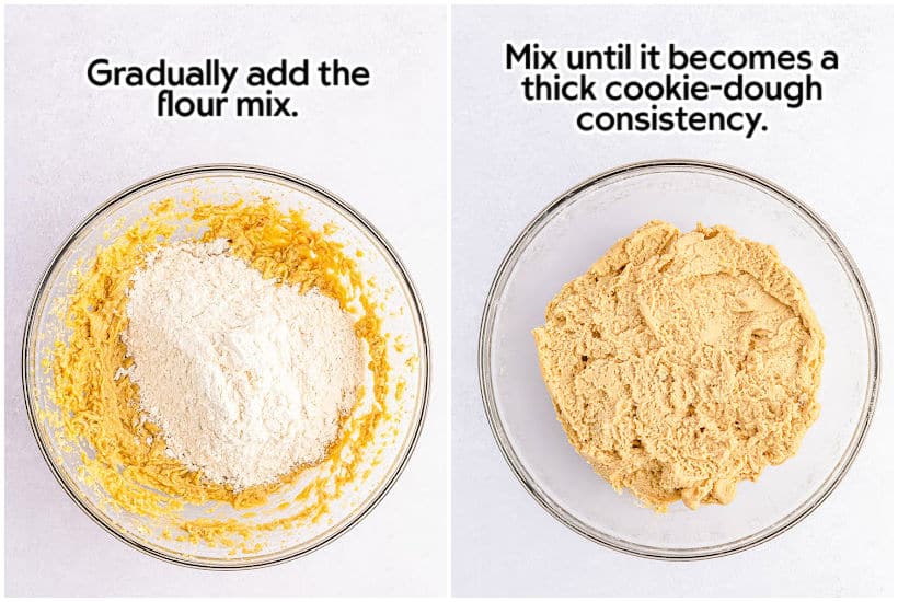 Two photo collage of adding dry ingredients to wet ingredients and the dough after mixing.