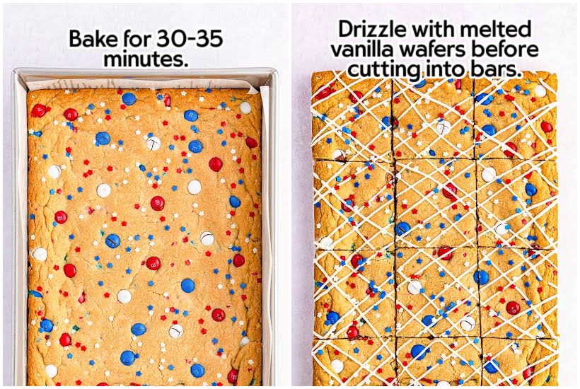Two photo collage of baked cookie bars and decorated bars.
