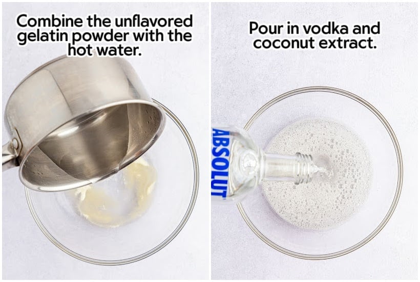 Two photo collage of adding the water and vodka to the white layer.