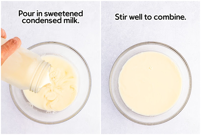 Two photo collage adding the sweetened condensed milk to the gelatin and the stirred mixture.