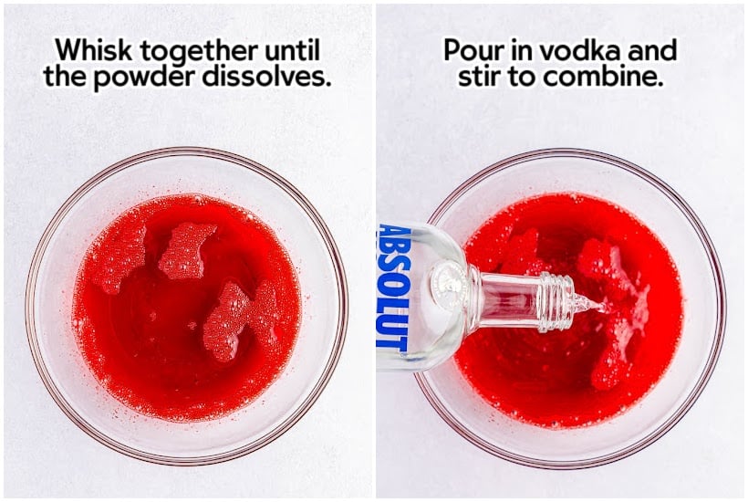 Two photo collage of adding vodka and the combined mixture.