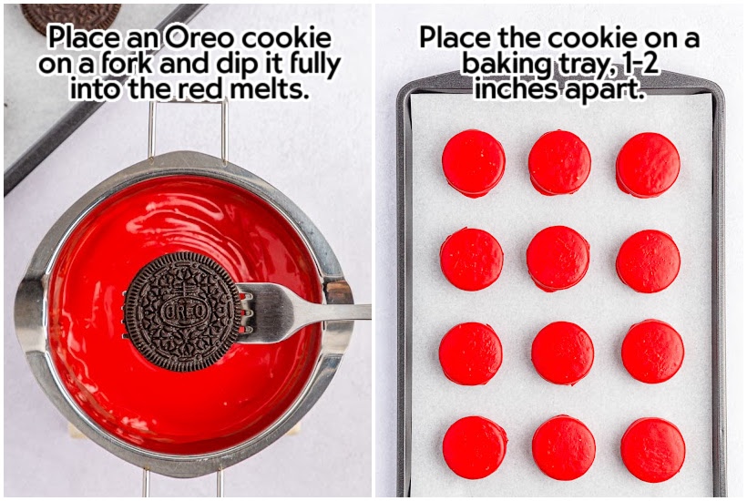 Dipping a sandwich cookie in melted red chocolate and a tray of dipped cookies on a tray.