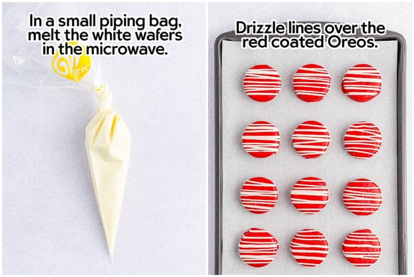 Two photo collage of melted white chocolate in a piping bag and chocolate coated cookies with white drizzle.