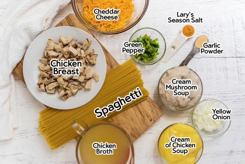 Ingredients to make easy chicken spaghetti with text labels.