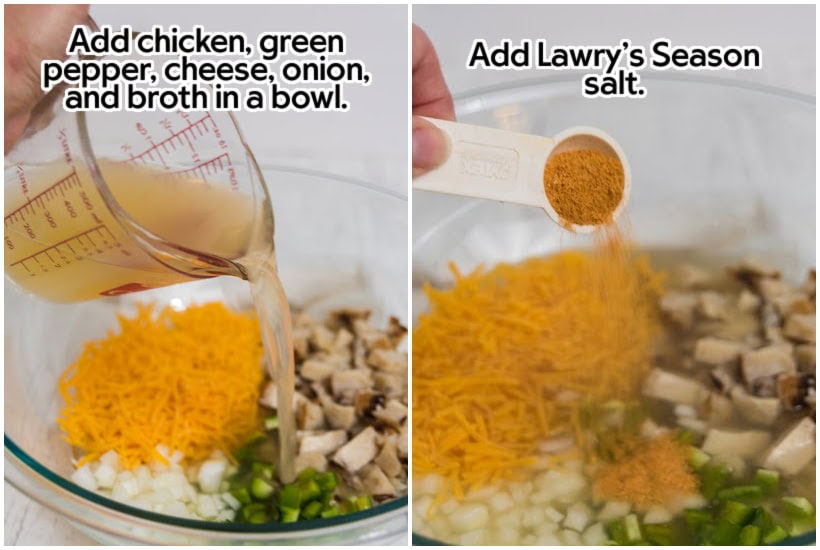 Two photo collage of adding ingredients and seasonings in a bowl with text overlay.
