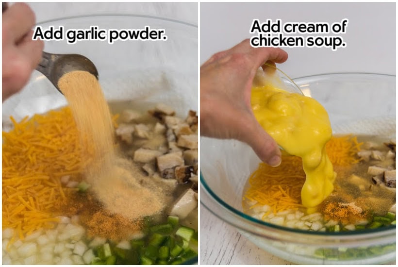Two photo collage of adding garlic powder and cream of chicken soup to the casserole ingredients with text overlay.