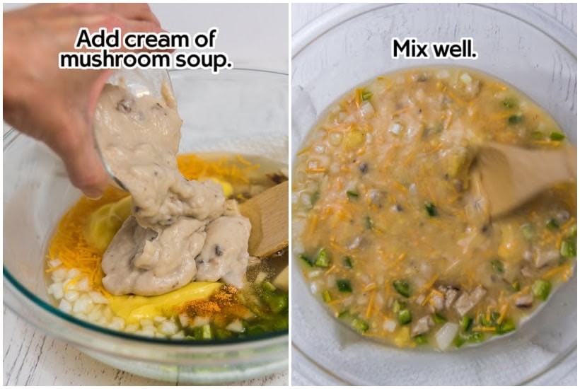 Two photo collage of adding mushroom soup and stirring the mixture with text overlay.