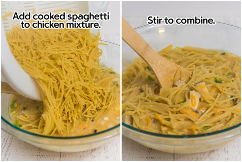 Two photo collage of adding cooked spaghetti to the creamy sauce mixture and stirring to combine with text overlay.