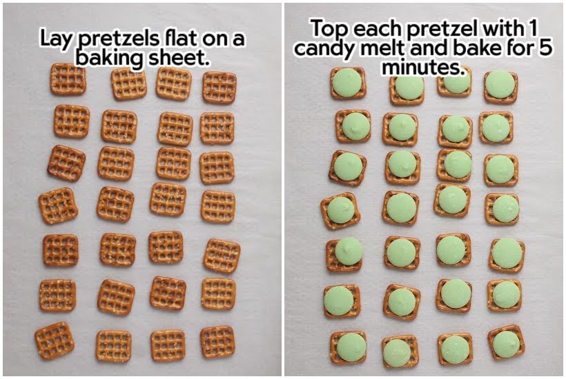 Two photo collage of square pretzels on a baking pan and with a melted green candy melt with text overlay.
