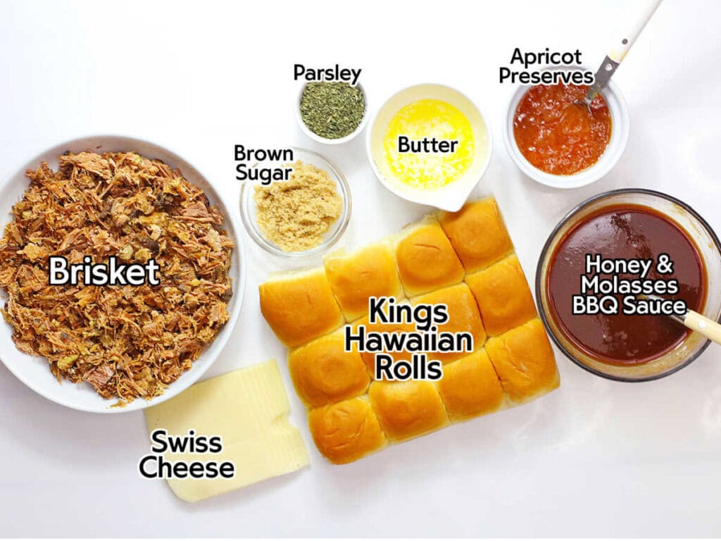 Ingredients to make brisket sliders with text labels.