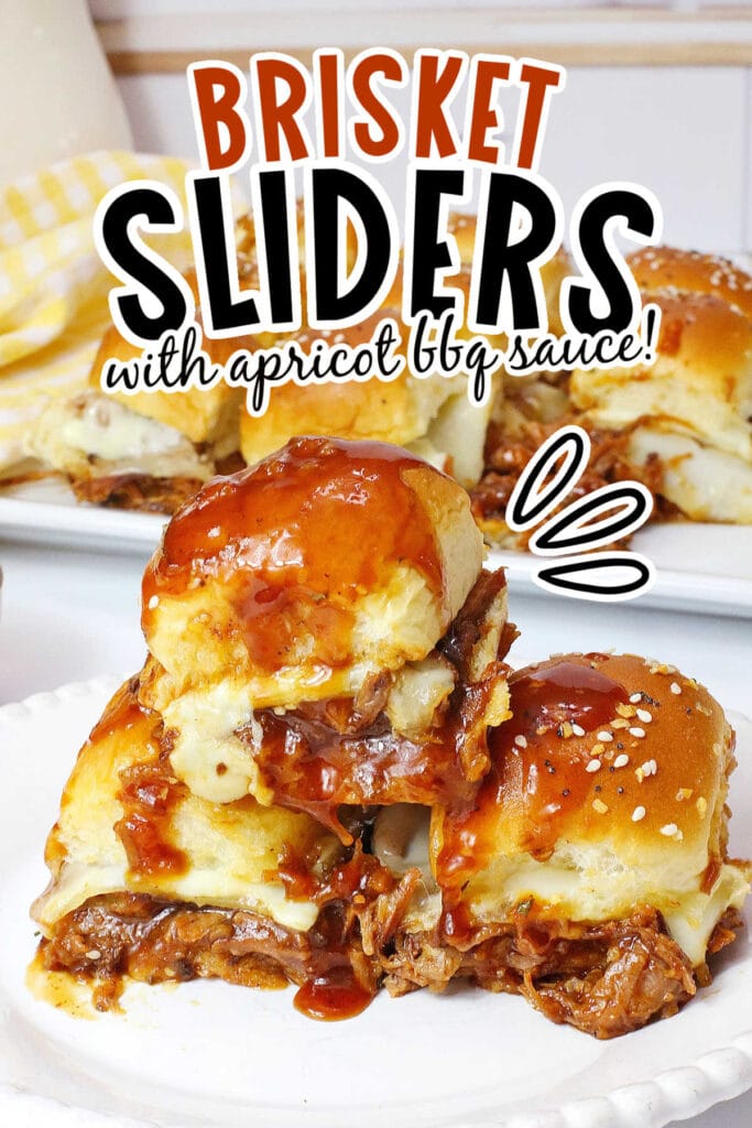 A stack of leftover beef brisket sliders with BBQ sauce on a white plate with text overlay.