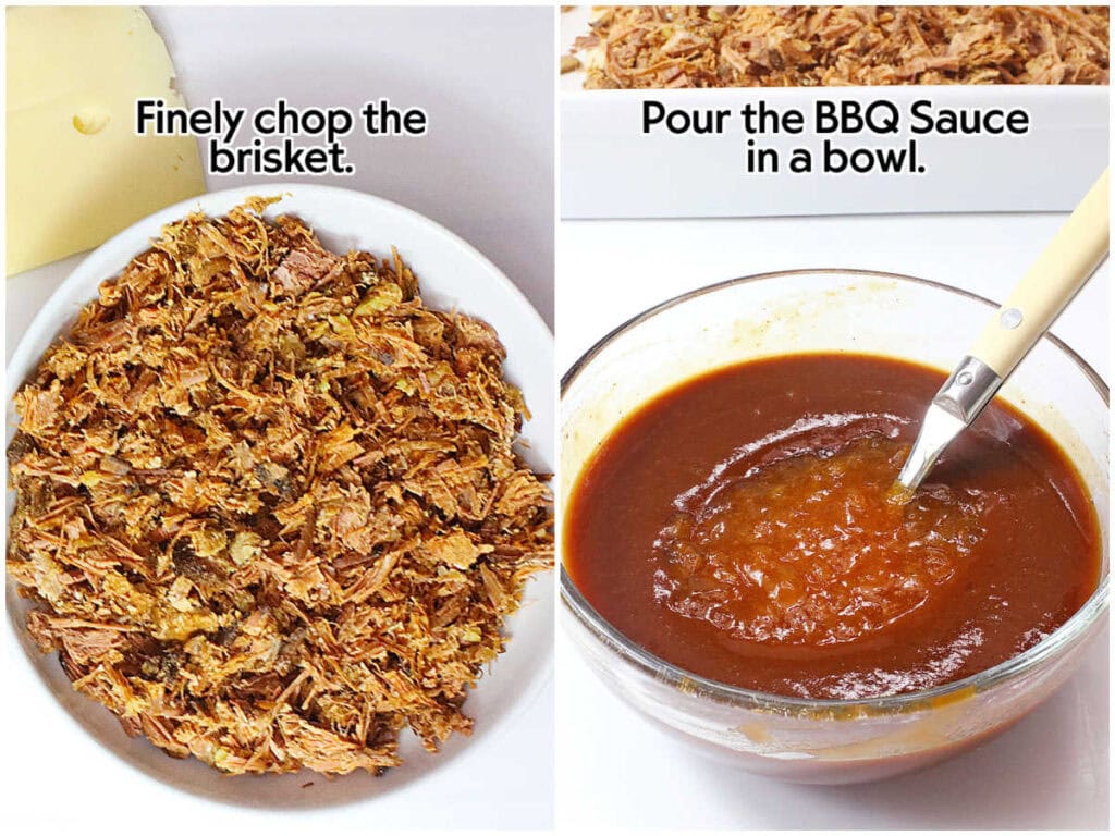 Two photo collage of chopped leftover beef brisket and mixing the sauce ingredients in a bowl with text overlay.
