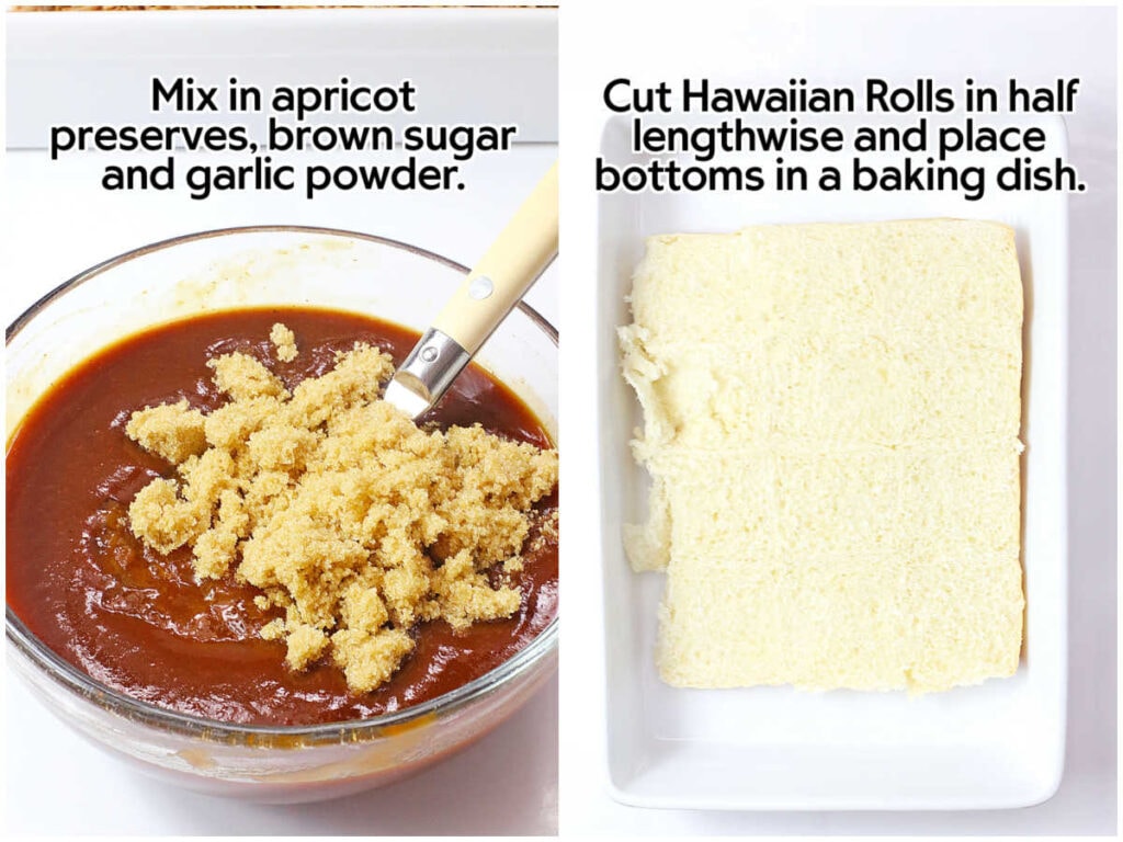 Two photo collage of sauce ingredients in a bowl and the bottom half of the Hawaiian rolls in a baking dish with text overlay.