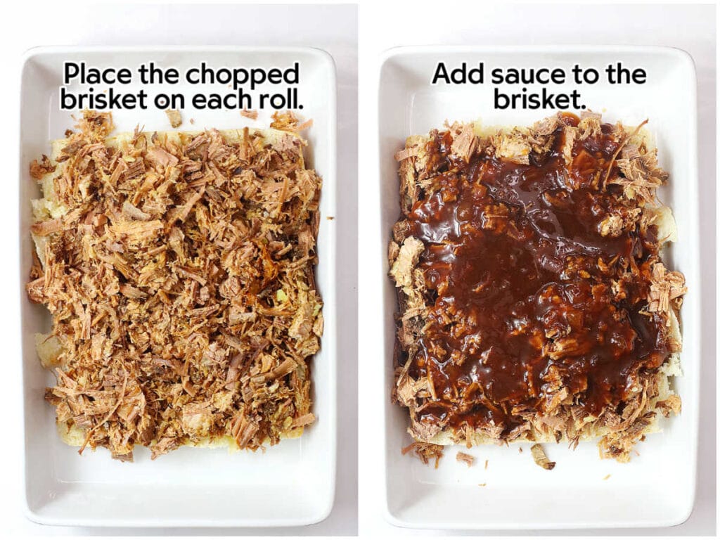 Two photo collage of layering the chopped beef brisket and barbecue sauce on the bottom half of the rolls with text overlay.