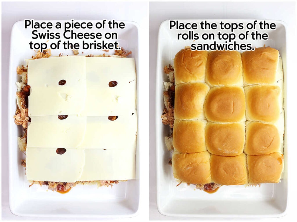 Two photo collage of adding the cheese slices to the meat mixture and topping with the top half of the buns with text overlay.