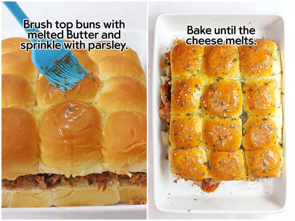 Two photo collage of brushing the bun tops with melted butter and adding the everything but the bagel seasoning mix with text overlay.
