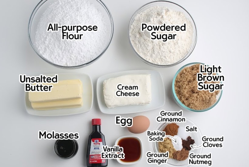 Ingredients to make gingerbread blondies with cream cheese frosting with text labels.