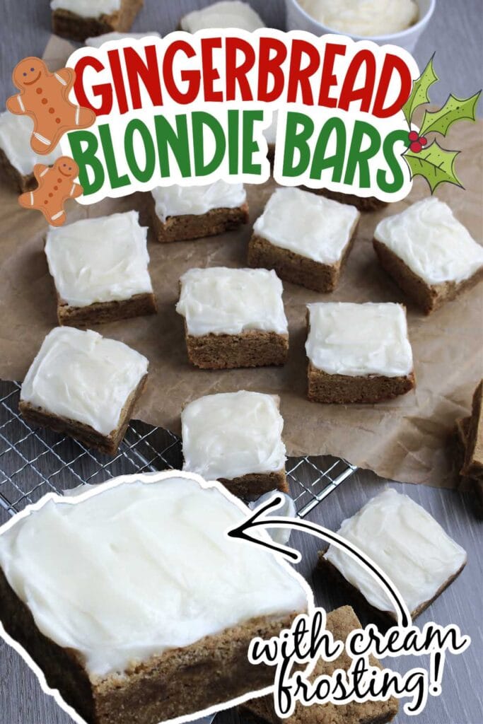 Gingerbread blondies bars with cream cheese frosting on a parchment paper lined wired rack with text overlay.