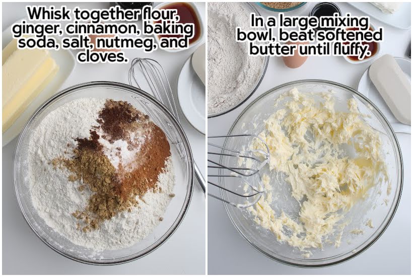 Two photo collage of the dry ingredients in a bowl and beating the butter in a separate bowl with text overlay.