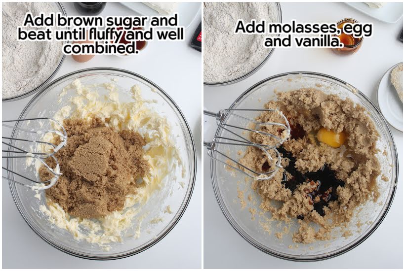 Two photo collage of combining the butter with brown sugar and adding remaining wet ingredients with text overlay.