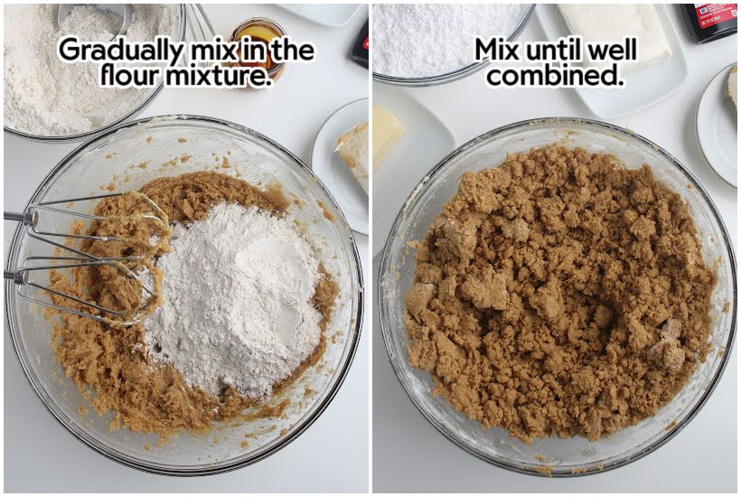 Two photo collage of adding the flour mixture to the wet ingredients and mixing them together with text overlay.