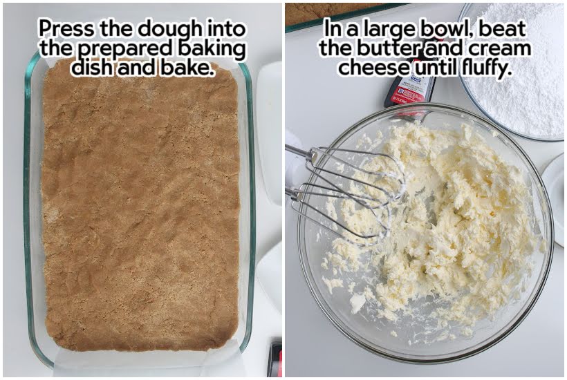 Two photo collage of pressing the blondie dough into the pan and creaming the butter and cream cheese together with text overlay.