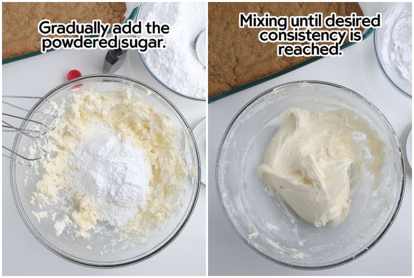 Two photo collage of adding the powdered sugar to the butter mixture and blending it together with text overlay.