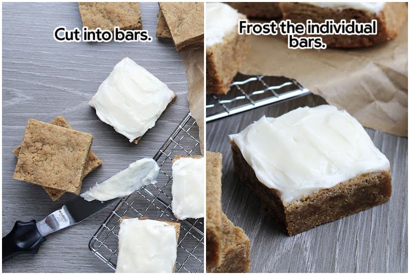 Two photo collage of the blondies cut into bars and adding frosting to the bars with text overlay.