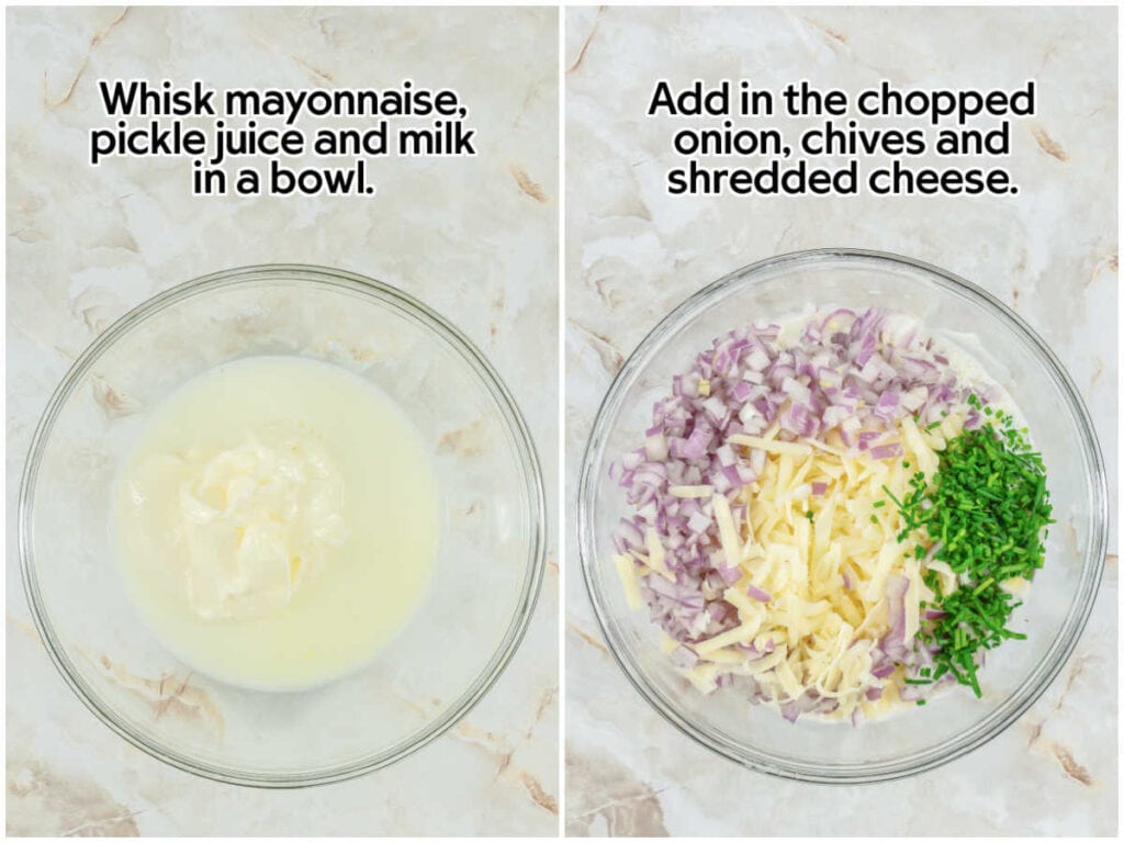 Two photo collage of sauce ingredients in a mixing bowl and adding the cheese, onions and chives to the sauce with text overlay.