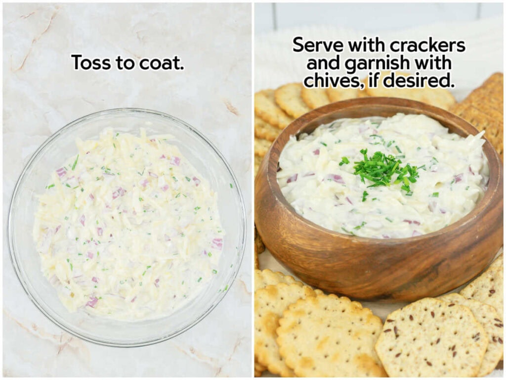 Two photo collage of the Jarlsberg dip ingredients mixed together and the dip in a wooden serving bowl with crackers and text overlay.