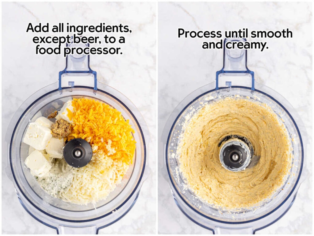 Two photo collage of dip ingredients in a food processor bowl and after blending with text overlay.