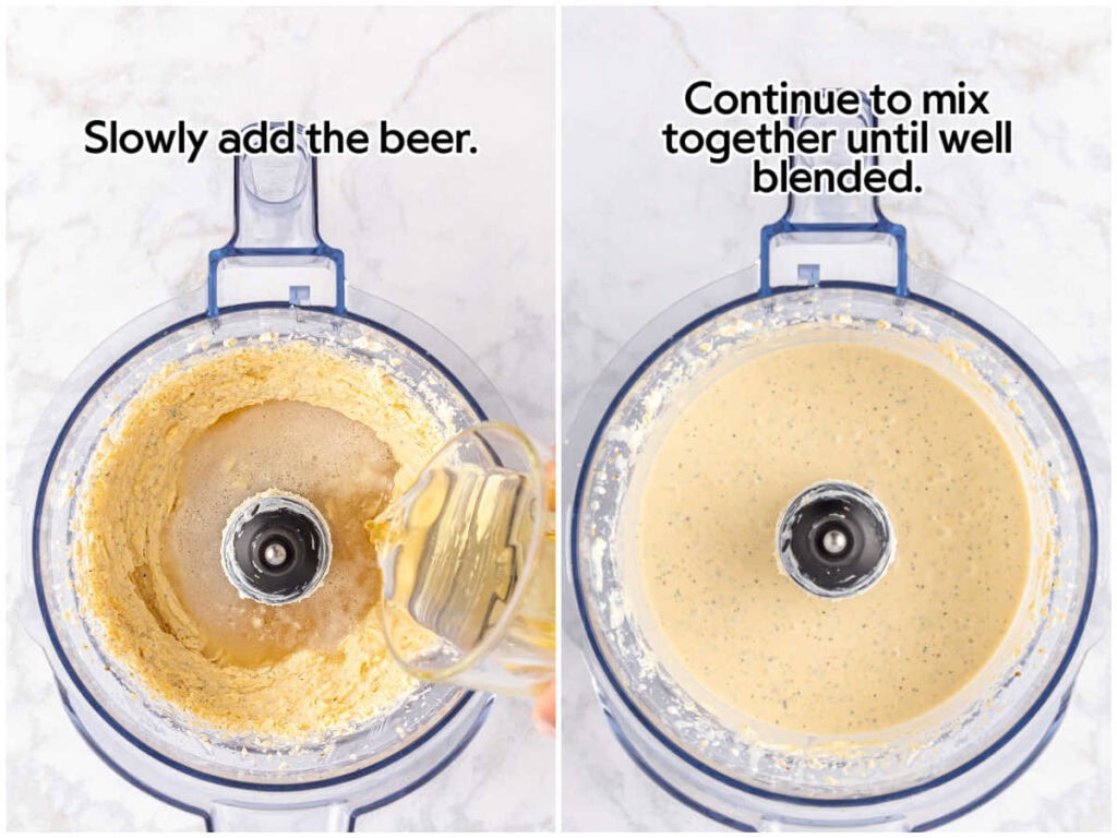 Two photo collage of adding the beer to the dip and after blending with text overlay.