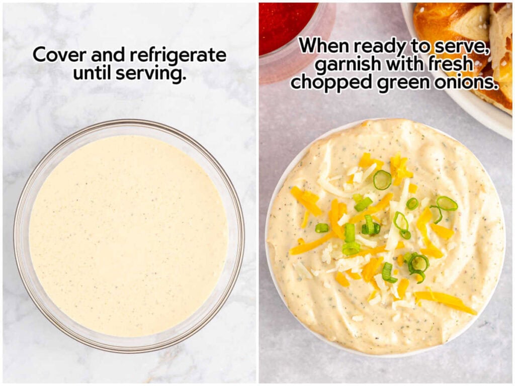 Two photo collage of the dip in a clear bowl and the chilled dip garnished with shredded cheese and chopped green onions.