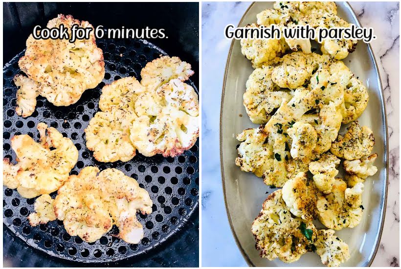 Two photo collage of cauliflower in the air fryer basket and on a serving platter with text overlay.