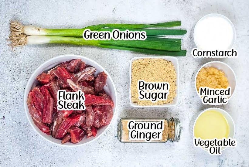 Ingredients to make stir fry beef in the air fryer with text labels.