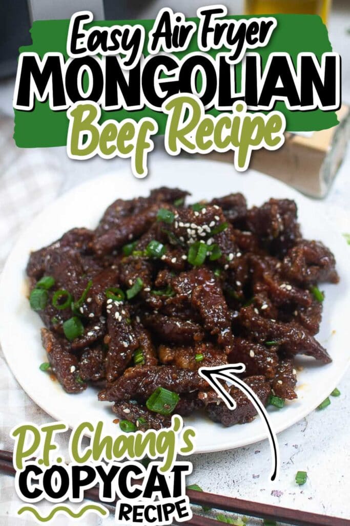 Closeup view of a white plate filled with air fryer Mongolian beef with text overlay.