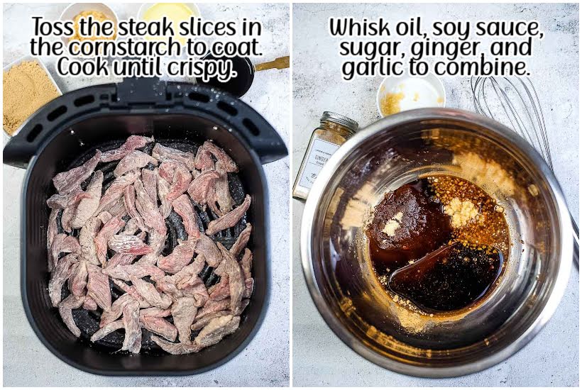 Two photo collage of coated steak slices in the air fryer basket and making the sauce with text overlay.
