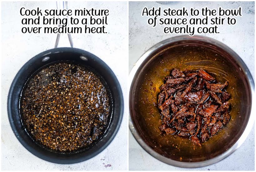Two photo collage of cooking the sauce and adding the beef to the sauce with text overlay.