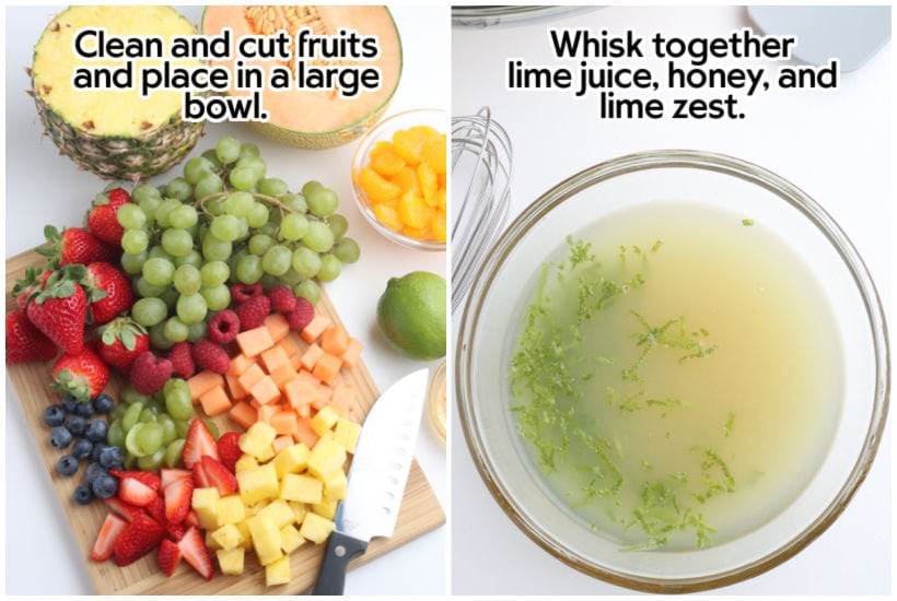Two photo collage of cut fruits on a wooden board and bowl of honey lime dressing with text overlay.
