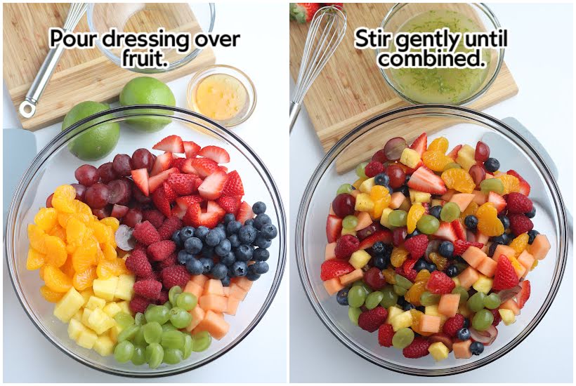 Two photo collage of chopped fruits in a clear bowl and adding the honey lime dressing to the fruit with text overlay.