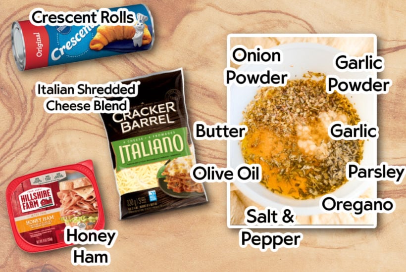 Ingredients to make ham and cheese crescent ring roll with text labels.