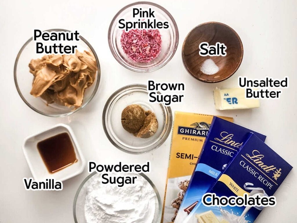 Ingredients to make chocolate peanut butter hearts with text labels.