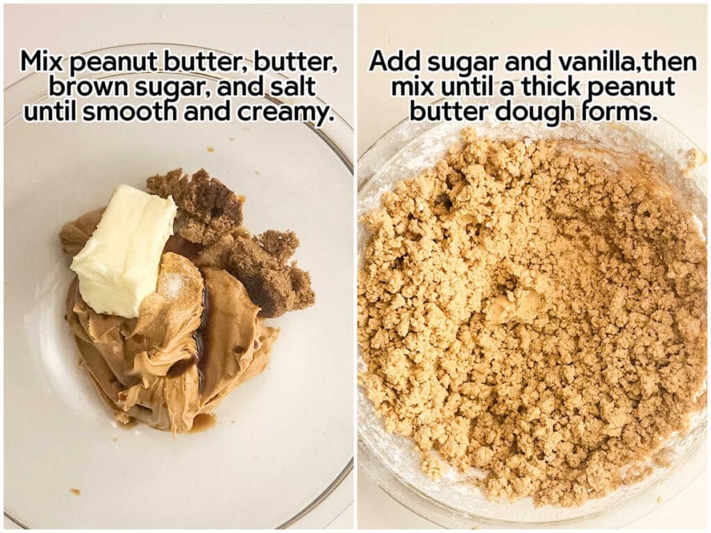 Two photo collage of the peanut butter, butter, brown sugar and salt in a mixing bowl and after it's been mixed together with text overlay.